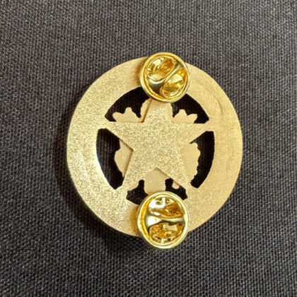 Gold-tone circular lapel pin with a star cutout design on dark fabric, showing two butterfly clutch backs attached.