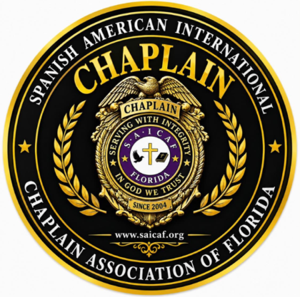 Circular seal for the Chaplain American Association of Florida, featuring gold laurel wreaths, wings, and a central badge with a cross and motto.