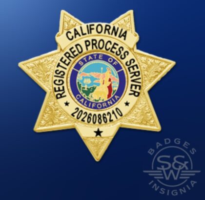 Gold star badge for California Registered Process Server, badge number 2026086210, with the state seal in the center on a blue gradient background.