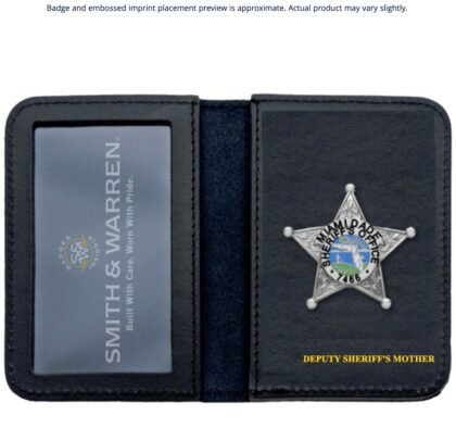 Open black leather badge holder displaying a sheriff star badge on the right and a blue card on the left; yellow caption reads 'DEPUTY SHERIFF'S MOTHER'.