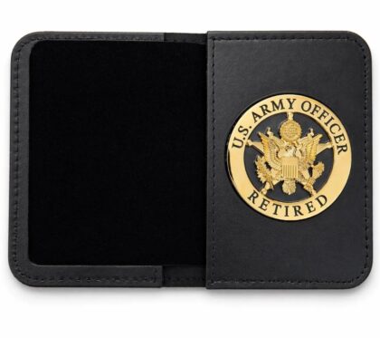 Black leather wallet with a gold circular U.S. Army Officer Retired emblem on the front panel of the wallet panelorside on right side.