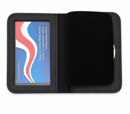 Open black leather cardholder wallet with a clear ID window on the left showing a blue-red-white card; black pocket on the right.