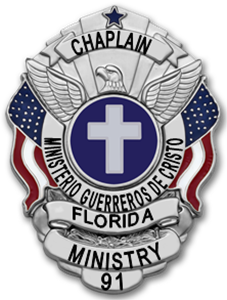Official badge emblem: Chaplain Ministry 91, Florida, with silver wings, a central blue circle containing a white cross, and U.S. flags on both sides.