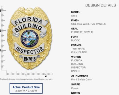 Florida Building Inspector Badge BN7618