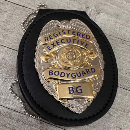 Combo - Registered Executive Bodyguard Badge And Belt Clip Neck Holder -Silver W/Gold Panels