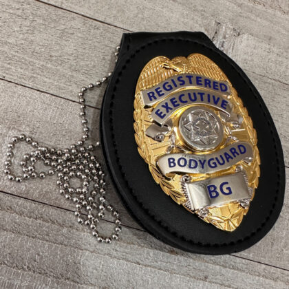 Combo - Registered Executive Bodyguard Badge And Belt Clip Neck Holder - Gold W/Silver Panels