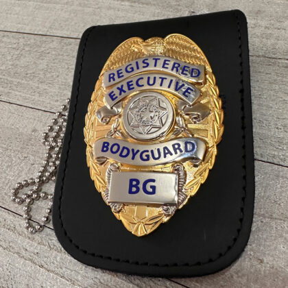 Combo - Registered Executive Bodyguard Badge And ID Neck Badge Holder -Gold W/Silver Panels