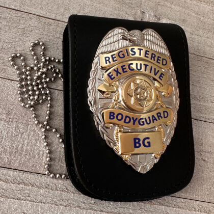 Combo - Registered Executive Bodyguard Badge And ID Neck Badge Holder -Silver W/Gold Panels