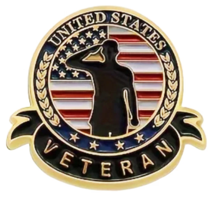 US Veterans emblem: a saluting silhouette over an American flag inside a circular badge with a laurel border and 'VETERAN' ribbon